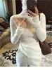 Suéter de Punto de Lana Morado Taro de Cuello Alto Ajustado para Mujer Otoño Invierno Elegante Capa Interior Cuello Voluminoso Suéter de Lana Top Base