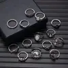 Bestseller transfronterizo juego de anillos de piedra lunar de diseño minimalista, anillo geométrico de diamante negro, joyería apilable de turquesa estilo europeo y americano