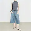Jeans Clásicos Azules de Pierna Ancha para Mujer, Verano 2026, Pantalones Cortos de Tela Rígida, Ajuste Holgado, Pantalones tipo Cubo, Pantalones de Mezclilla de Longitud Media