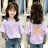 Camiseta de manga comprida para meninas, estilosa e moderna, algodão puro, top para o início do outono, casual estilo coreano, falsa peça dupla, camiseta infantil de desenho animado