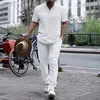 Amazon Aliexpress Roupa Masculina Transfronteiriça Camisa Casual de Manga Curta e Calça Longa Conjunto de Praia Algodão-Linho Estilo Fino Tendência