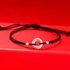 Pulsera de Plata Esterlina Cuerda Roja para Pareja Tejida a Mano Círculo Plano 3D Hebilla Ping An Pie Plata 999 Cuentas de Transferencia para Hombres y Mujeres Cuerda de Mano