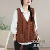 Chaleco de Punto de Algodón Artístico Retro con Cuello en V para Mujer, Nuevo Cardigan sin Mangas Verde de Otoño, Chaleco Jersey Versátil y Juvenil