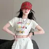 Camiseta de manga corta colorida con letras para niña y múltiples bolsillos, Pantalones cargo de pierna recta, Conjunto blanco de verano para danza jazz infantil