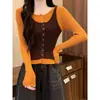 Blusa de tricô estilo coreano com color-blocking, falsa peça dupla, manga longa, para mulheres, novo design de outono, peça externa de caimento justo