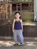 Verão 2026 Novo Estilo Roupas Infantis Coreanas Meninas Regata com Costas Cruzadas Color Block Calça de Perna Larga Anti-Mosquito