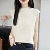 Cardigã sem mangas em malha de algodão mercerizado estilo francês, com gola redonda e bordas enroladas, novo design de botões, top simples e fashion estilo coreano
