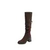 Primeiro Encontro Jiyong Camurça Retrô Dobrável Dupla Face Salto Alto Franzido Botas Longas Sola Grossa Salto Bloco Marrom Mesclado Western