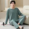 Pijama Masculino 100% Algodão Outono e Inverno 2025 Novo Gola Redonda Manga Longa Calça Roupa Simples para Casa Conjunto Pode Ser Usado Fora