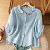 Nuevo Top Bordado de Algodón y Lino Talla Grande para Mujer, Holgado y Adelgazante, Moderno + Conjunto Elegante de Pantalones Largos de Algodón y Lino