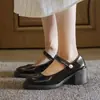 Zapatos Retro Hepburn, Punta Redonda, Zapatos Mary Jane de Una Correa para Mujer, Tacón Grueso, Talla Pequeña, Zapatos de Tacón Medio Perla Negra para Mujer