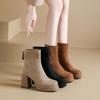 Botas Curtas de Salto Alto Francesas para Mulheres Outono e Inverno 2025 Novas Botas Plataforma Slim Impermeáveis com Solado Grosso e Forro de Lã para Pessoas Baixas Aumentarem a Altura Botas