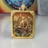 Colgante Thangka Rey Xizang Montaña Jiuhua Rey Xizang Escuchando Tridimensional a Doble Cara Latón Dorado Deseo Riqueza Doble Colgante