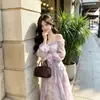 Elegante Vestido Largo Morado Degradado con Volantes de Mariposa y Mangas Largas para Mujer 2026 Nuevo Vestido Largo de Nicho