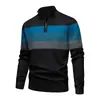 Suéter de Punto para Hombre Talla Europea Transfronteriza Moda Otoño e Invierno Rayas Bloques de Color Tejido Pulóver Media Cremallera Cuello Alto Ropa de Hombre