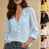 Amazon Roupas Femininas Europeias Americanas Novo Estilo Manga Longa Gola V Babado Cor Sólida Temperamento Elegante Slim Fit Versátil Top