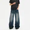 Pantalones de Mezclilla Lavada Retro Cuadrados con Remaches Holgados de Pierna Ancha Largos para Hombre, Ligeramente Acampanados, Desgastados, Otoño/Invierno 2026