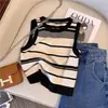 Blusa de Tricô Gelada com Listras Doces e Picantes estilo Francês sem Mangas para Mulheres, Nova Blusa Casual Curta sem Mangas de Verão 2026 para Mulheres