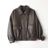 Jaqueta de Couro Genuíno HN6102-1 Grão de Elefante Pele de Ovelha Silhueta Solta Estilo Biker Europeu Americano Jaqueta de Lapela Roupa Exterior Feminina