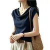 Elegante top de punto azul con cuello drapeado y mangas acampanadas para mujer, nuevo estilo de verano 2026, extremadamente atractivo y rejuvenecedor