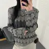 Suéter de punto hueco a rayas onduladas de color block con cuello redondo para mujer, manga larga de otoño, adelgazante, versátil, fino, top cárdigan suéter