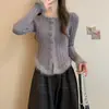 2025 Nuevo Estilo Estilo Suave Empalme Borde Crudo Adelgazante Cárdigan de Punto para Mujer Ropa Exterior de Otoño e Invierno Manga Larga Top de Color Puro