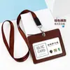 Portatarjetas de identificación exclusivo de cuero genuino transfronterizo, gafete de trabajo personalizado con tres ranuras para tarjetas, cordón para gafete de trabajo, gafete de autobús