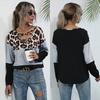 Bai Fen Zhi Yi Amazon Transfronterizo Europeo y Americano Otoño Estampado de Leopardo Patchwork Diseño Manga Larga Cuello Cuadrado Camiseta de Manga Larga