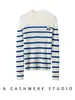 Suéter de cashmere slim fit com botões transfronteiriço europeu e americano para mulheres, outono e inverno, gola semi-alta, malha listrada em blocos de cor