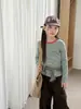 Camiseta interior a rayas estilo coreano Aimobebe para niñas, mezcla de algodón para niños, suave y cómoda, alta elasticidad, top de manga larga con bloques de color retro