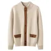 Cardigã de malha de cashmere com gola alta e blocos de cor para outono e inverno para mulheres, peça externa quente de manga longa, top, suéter de base