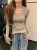 Foto Real Otoño/Invierno 2024 Nuevo Estilo Coreano Ajustado Cuello en U Elegante Ajustado 6 Lana Camiseta Tejida Manga Larga Top Base