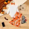Disfraz de Halloween para Bebé Romper con Estampado de Letras y Mangas Abullonadas Pantalones de Campana de Calabaza, Fantasma, Murciélago y Diadema Juego de Tres Piezas