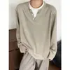 Camiseta Falsa de Duas Peças com Manga Longa Estilo Old Money Americano para Homens, Outono, Gola Redonda, Camada Base Casual, Tendência, Espinha de Peixe, Top Solto