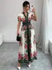 Vestido Estampado Retro Estilo Palácio com Decote em V e Mangas Bufantes para Mulheres, Estilo Coreano de Início de Primavera com Mangas Longas, Ajuste na Cintura, Emagrecedor, Corte A, Longo