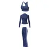 Conjunto de três peças de yoga para mulheres, roupa de ginástica popular, conjunto de treino Pilates modelador elástico, roupa íntima à prova de choque, conjunto de calças boca de sino