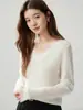 Suéter de Cachemira con Cuello en V de Encaje Otoño Invierno para Mujer, Suéter de Punto Cálido de Alta Gama Francés, Suéter Base de Manga Larga Holgado