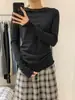 Camisa de Base Roxo com Borda Enrolada para Mulheres no Outono Estilo Coreano Versátil Gola Redonda Manga Longa Malha para Mulheres Visual Solto Emagrecedor Top Leve