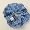 Elástico de Cabelo Listrado Azul Xadrez Estilo Coreano, Faixa de Cabelo Xadrez para Mulheres, Faixa Doce para o Início da Primavera, Acessório de Cabelo Esponjoso de Cano Alto
