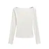 Camiseta Básica Retro Estilo Puro Deseo Cuello Barco Manga Larga, Nuevo Top Corto Versátil de Otoño Ajustado para Mujer en Color Sólido