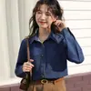 Foto Real # Camisa Jeans Azul Básica Simples Top para Mulheres 2025 Primavera Novo Estilo Jaqueta Confortável Azul Escuro
