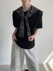 Camiseta Única Estilo Designer com Xale e Manga Curta para Homens, Tendência Nacional Patchwork de Xadrez Falso Duas Peças Estilo Americano Solta Camisa de Alta Qualidade