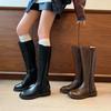 Botas de caballero rectas de pierna delgada de piel de vaca, botas altas de cuero marrón con punta redonda y tacón bajo grueso para invierno 2024 para mujer
