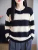 Suéter Pulóver de Punto con Rayas Horizontales de Bloques de Color Clásico Cuello Redondo para Mujer Manga Larga Holgado Adelgazante Suéter Capa Base Básica Otoño Invierno