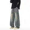 Estilo Nuevo Primavera y Otoño Lavado Desgastado Diseño Dividido Jeans Cimitarra para Hombre Calle Alta Retro Tallas Grandes Pantalones Casuales