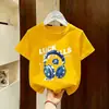 Camisa Casual de Algodão Puro Estilo Coreano para Meninos, Gola Redonda, Manga Curta, Estampa de Desenho Animado, Roupa de Verão Fofa, Novo Estilo de Verão