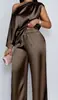 En Stock Set de Verano Casual para Mujer de 25 Piezas, Sitio Independiente Transfronterizo Europeo y Americano, Conjunto de Top de Satén con Escote Asimétrico de Manga Corta y Pantalones Largos