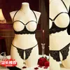 Conjunto de Lencería Sexy para Mujer, Conjunto de Dos Piezas con Sujetador Push-Up de Encaje Negro con Diseño de Atar al Cuello, Tanga con Abertura en la Entrepierna