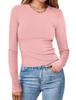 Nova Blusa T-shirt Feminina da Amazon, Estilo Europeu e Americano, Gola Redonda, Manga Longa, Canelada, Curta, Cor Sólida