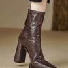 Botines de Tacón Alto de Cuero Suave para Mujer 2024 Otoño e Invierno Nuevo Estilo Forrado de Felpa Tacón Grueso Punta Cuadrada Retro Francés Elegante Simple Botas de Moda